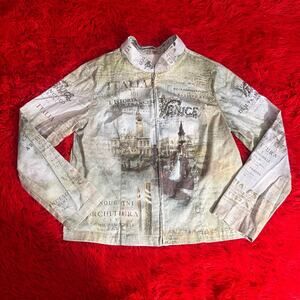 Cactus Women’s Shirt Jacket Sz L Green Bedazzled Venice Italia Graphic Full Zip